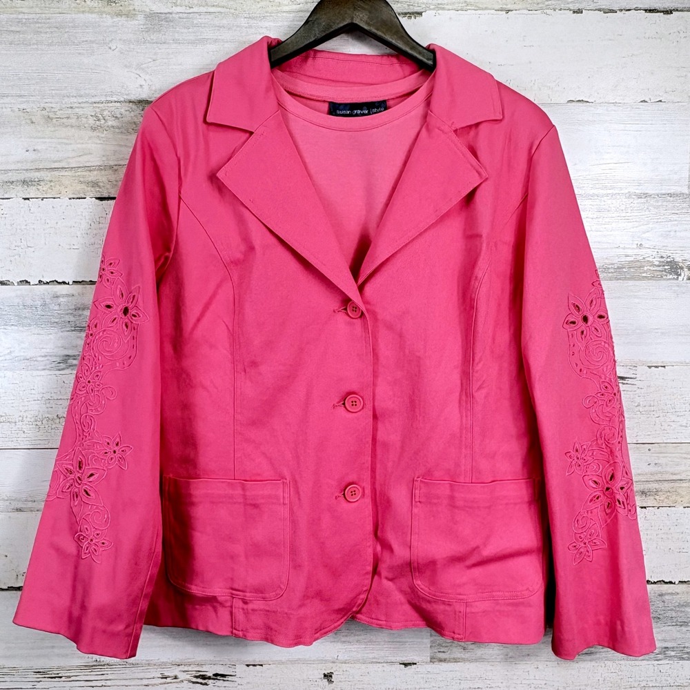 Susan Graver Style Pink Floral Embroidered Blazer & Tee Top Set Size Large